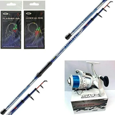 Image of 12FT TELESCOPIC LINEAFFE SEA FISHING ROD + SHZ 7000 REEL 2 X Mackerel Feathers