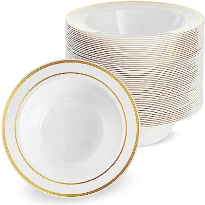 Image of MATANA 25 Premium White Plastic Bowls with Gold Rim, 360ml Elegant, Sturdy &amp; Reusable Soup Dessert for Weddings, Birthdays, BBQ, Buffets, Catering, Parties