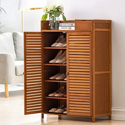 Image of FUYAO Bamboo Shoe Cabinet,Rustic Entryway Storage Cabinet Rack Cabinet,Shoes With Doors And Drawer,Farmhouse Organizer For Hallway Bedroom Closet