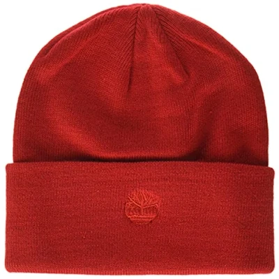 Image of Timberland Men&#039;s Cuffed Beanie with Embroidered Logo Cold Weather Hat, Barbados Cherry, One Size