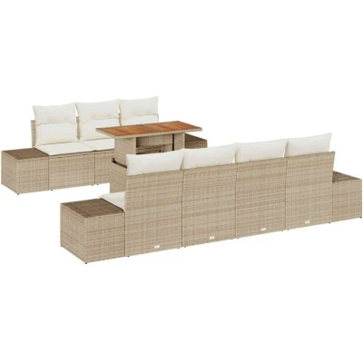Image of vidaXL 8 Piece Garden Dining Set with Cushions Beige Poly Rattan Acacia