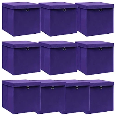 Image of vidaXL Fabric Storage Boxes with Lids Set of 10 Durable, Foldable, Non woven Polyester Containers, Easy Pull Metal Eyelet, Compact &amp; Versatile 32x32x32 cm Purple.
