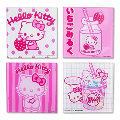 Image of Sanrio Hello Kitty Strawberry Milk Glass Coasters for Drinks, Set of 4 Tabletop Protection Home Kitchen, Dining Room Table