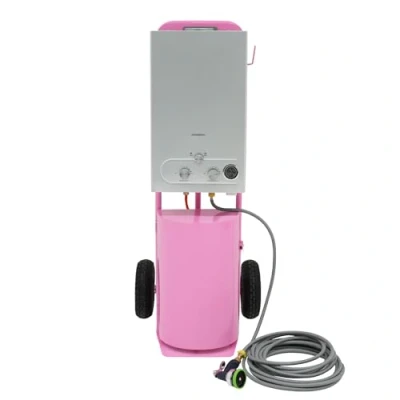 Image of Portable Horse Shower With Steel Trolley Pink 18L Tankless Instant Hot Water Gas Boiler LPG Heater 10m Hose &amp; 9 Pattern Spray Gun Camping Outdoor 10&quot; Tyres Storage Tray Side Hook Accessories