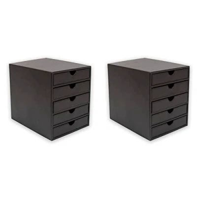 Image of OSCO Black Faux Leather 5 Tier Papersorter 2 Pack A4 Drawers Document Storage Paperwork Filing Desk Tidy Workspace Organiser 30 x 25 33.5 cm