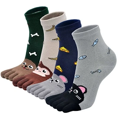 Image of Girls Boys Cute Animal Novelty Crew Socks, Kids Toe Socks Cotton Rich Five Finger 4 Pairs, 7 12 Years, Multicoloured 2