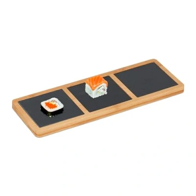 Image of Relaxdays Board with Slate Plates, for Serving Appetizers, HWD: 1.5 x 34 12 cm, Bamboo, Natural/Anthracite
