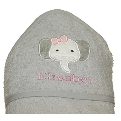 Image of Baby Girls Personalised Elephant Hooded Bath Towel. (Grey)