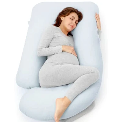 Image of momcozy Pregnancy Pillows for Sleeping, U Shaped Full Body Pillow 57 Inch Pregnant Women with Back, Hip, Leg, Belly Support, Washable Jersey Cotton Cover Included, Light Blue