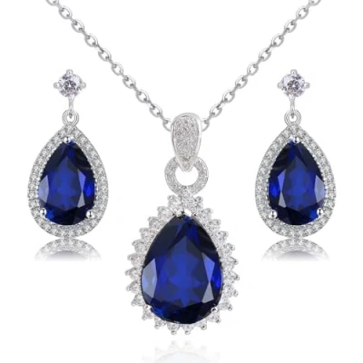 Image of Crystalline Azuria Women 18ct White Gold Plated Teardrops Blue Simulated Sapphire Zirconia Crystals Set Pendant Necklace 17.7 inches Earrings