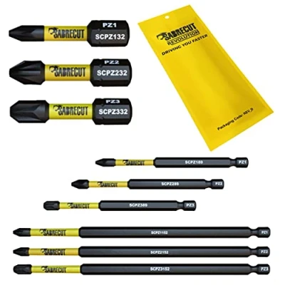 Image of 9 x SabreCut SCRK9PZ 32mm 89mm 152mm PZ1 PZ2 PZ3 Magnetic Impact Screwdriver Driver Bits Set Pozi Pozidriv Heavy Duty Compatible with Dewalt Milwaukee Bosch Makita and More