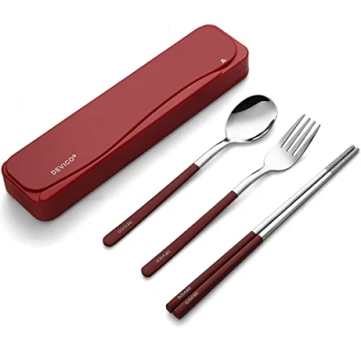 Image of DEVICO Travel Cutlery Set, Camping Set for 1, Portable 18/8 Stainless Steel Utensils Include Fork Spoon Chopsticks (Red)