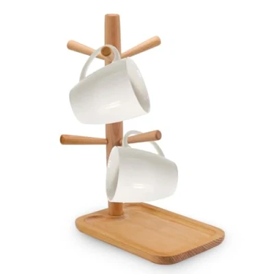 Image of Fatiya Wooden Coffee Mug Tree, Holder with 6 Hooks and Storage Base, Stand Organizer, Cup Tree Rack for Countertop Kitchen Bar