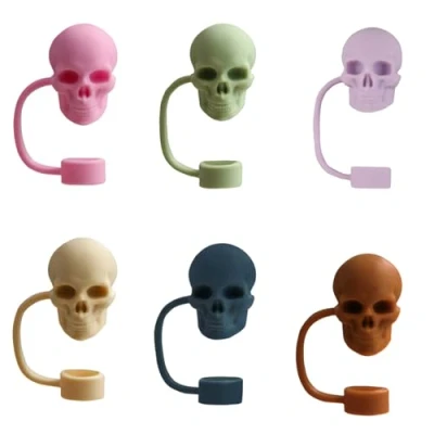 Image of Set of 6 Unique Straw Stoppers Adorment Colorful Silicones Lid Skull Shaped Plug Drinkware Accessorys