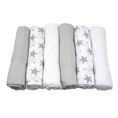 Image of MuslinZ 6pk Baby Muslin Squares Burp Cloth Newborn Essential mulit use Soft and Absorbent 100% Cotton 70x70cm… (Grey Star)