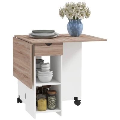 Image of HOMCOM Folding Dining Table, Drop Leaf Table for Small Spaces, Foldable with Drawer and Storage Shelves Kitchen, Room, Oak