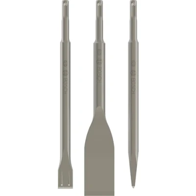 Image of Bosch 3 pcs. Mixed SDS Plus Chisel Set (for Concrete, Brick, 0/20/40mm, Flat + Tile Pointed Chisel, Accessories for Rotary &amp; Demolition Hammers)