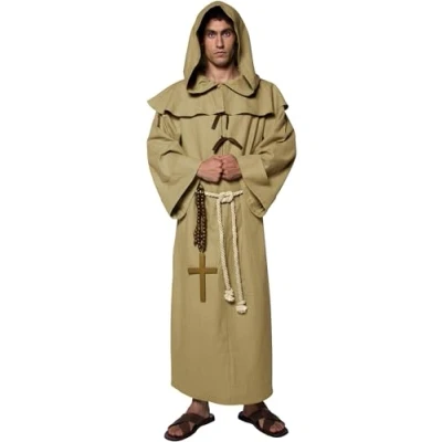 Image of Smiffys Tales of Old England Friar Tuck, Brown with Robe, Hood, Belt and Cross, Historical Fancy Dress, Adult Dress Up Costumes