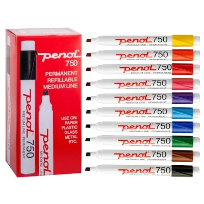 Image of PENOL Permanent Marker Pens, 10 Pens in Multicolor 0750, 2 5mm Chisel Tip Coloured with Nordic Swan Ecolabel, Quick Dry and Fade Resistant Ink Based on Alcohol Markers for Artwork
