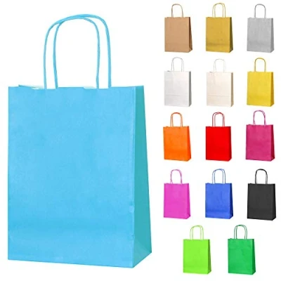 Image of Thepaperbagstore 5 Light Blue Paper Party Bags With Handles Colourful Gift for Kids and Adults Parties, Birthdays, Weddings, Baby Showers, Hen Parties Sweets 18x22x8cm