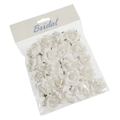 Image of Small White Paper Rose Heads x 20 Wired for Craft &amp; Decoration