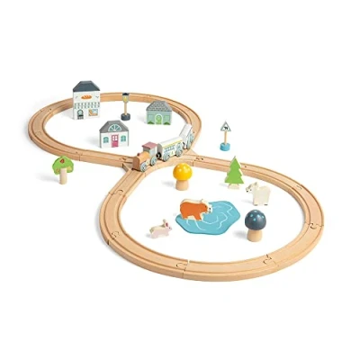 Image of Bigjigs Toys FSC® Certified Woodland Animal Train Set 42 Piece Eco Figure of 8 Wooden with Forest Accessories &amp; Track, for 3 4 5 6 Year Olds