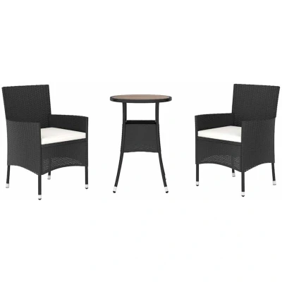 Image of vidaXL 3 Piece Garden Bistro Set with Cushions Black Poly Rattan