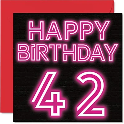 Image of Fun 42nd Birthday Cards for Men Woman Neon Glow Happy Card Dad Mum Brother Sister Grandad Nanny Grandma Uncle Auntie, 145mm x Greeting Cards,