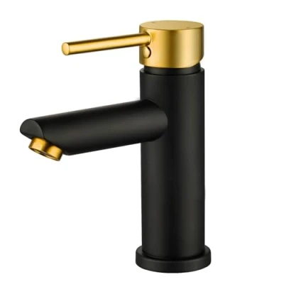 Image of Peppermint Black Basin Mixer Tap Bathroom Sink with Brushed Gold Lever, Modern Taps Stainless Steel Mono Single Lever Hot and Cold Hoses