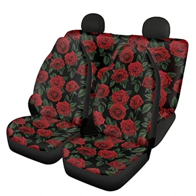 Image of TOADDMOS Red Rose Floral Decorative Car Seat Covers Full Set of 4 Pieces,Front and Split Bench Cover Kit,Auto Interior Accessories Decor Universal Fit for Cars,Trucks,Sedans,SUVs