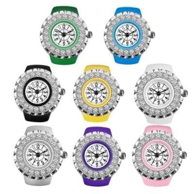 Image of JewelryWe Men Women Wholesale 8PCS Finger Watches Set Colorful Elastic Watch Rings Rhinestone Round Dial Quartz Ring