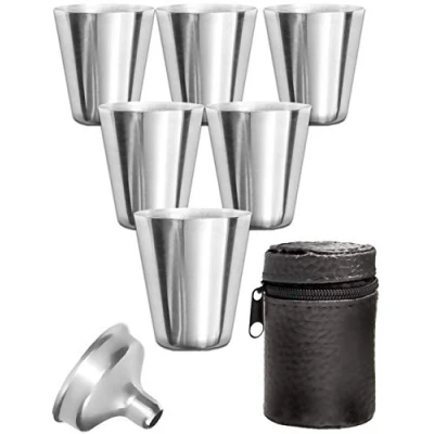 Image of Outdoor Saxx® 8 Piece Stainless Steel Cup Set, 6 Unbreakable Shot Cups, Metal Glasses, with Filling Funnel and Leather Bag, Ideal Hip Flask Accessory