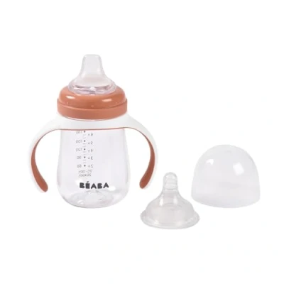 Image of BEABA 2 in 1 Sippy Cup Toddler Baby and Children Beaker 100% Waterproof Easy to Open Removable Handles Tritan Silicone 210 ml Terracotta