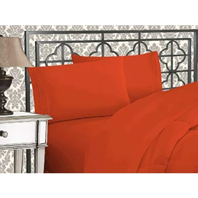 Image of Elegant Comfort Luxurious 1500 Premium Hotel Quality Microfiber Three Line Embroidered Softest 4 Piece Bed Sheet Set, Wrinkle and Fade Resistant, Full, Rust
