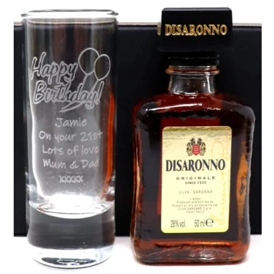 Image of Personalised Engraved Tall Shot Glass &amp; Miniature Birthday Design (Disaronno Amaretto Original)