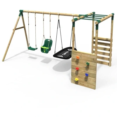 Image of Rebo® Wooden Garden Children&#039;s Swing Set with Monkey Bar Attachment Halley Green OutdoorToys Kids&#039; Outdoor Play Equipment for Gardens, Frame and Accessories Included, Weather Resistant
