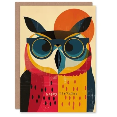Image of Artery8 Birthday Card Nerdy Owl with Glasses Colourful Design For Him Man Male Dad Brother Son Papa Grandad Greeting