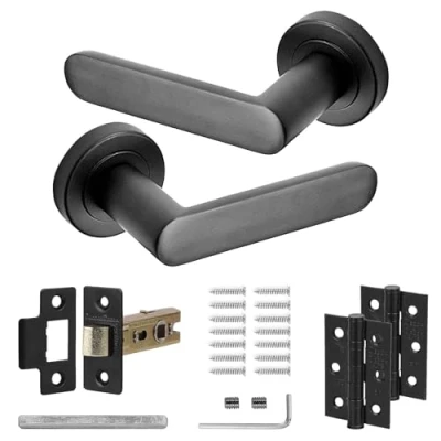 Image of Decoranddecor Echo Matt Black Door Lever Handles 54mm Round Rose Aluminium Latch and Hinge Kit