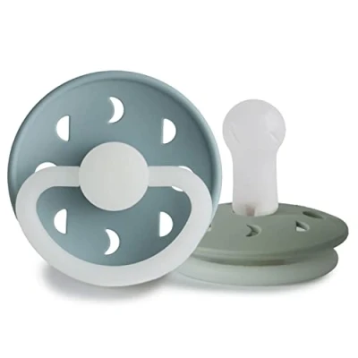Image of FRIGG Moon Phase Night Silicone Pacifier Pack of 2 Soother Glow BPA Free Made in Denmark Symmetrical Cherry Shaped Nipple (Stone Blue Night/Sage (6 18 Months))