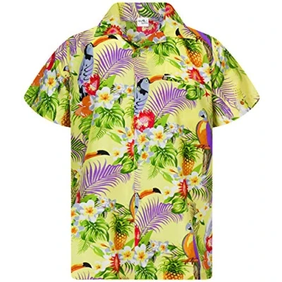 Image of King Kameha Mens Vintage Hawaiian Shirt Casual Short Sleeve Button Down Bird Designs, Parrot Cockatoo, Light Yellow, L