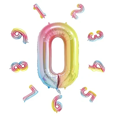 Image of 40&quot; Number Balloons,Helium 0 Balloons Birthday,Self Inflating Balloons,Foil Balloon for Birthday Party,New Year Decoration,Anniversary Decoration,Company Celebration (Rainbow #0)