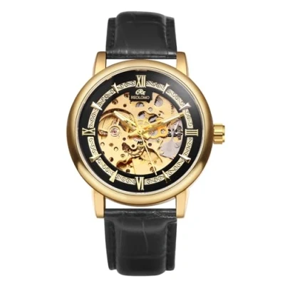 Image of JewelryWe Men&#039;s Business Mechanical Watch: Skeleton Automatic Self Winding Gold Case Black Leather Strap Hollow Out Dial Waterproof Wristwatch