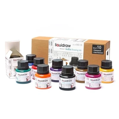 Image of Liquidraw Coloured Drawing Ink Set India Ink, Waterproof, of 10 Assorted Colours, 35ml