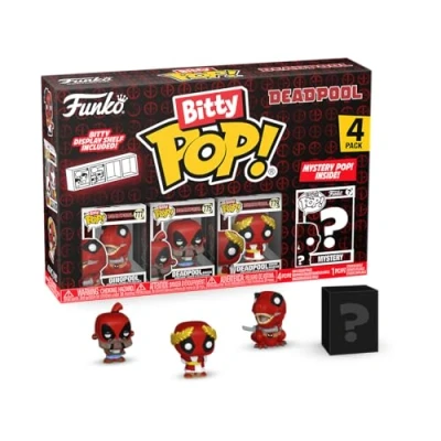 Image of Funko Bitty Pop! Dinopool, Deadpool (Barista), (Roman Senator), and a mystery figure 0.9 Inch (2.2 Cm) Collectable Stackable Display Shelf Included