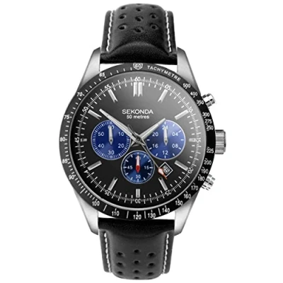 Image of Sekonda Velocity Men’s 45mm Quartz Watch in Black with Analogue Display, and Leather Strap 30069