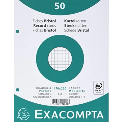 Image of Exacompta Ref 10620E Bristol Squared Records Cards (Pack of 50) 170 x 220mm in Size, 205gsm Card, Compatible with Printers Suitable for Exam Revision &amp; Notes White