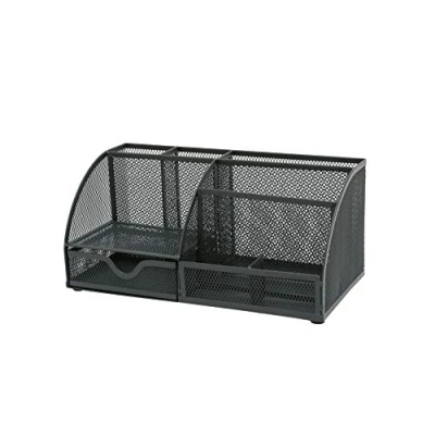 Image of OSCO Graphite Wiremesh Desk Organiser with Drawer Tidy Pen Holder Makeup Container Pencil Storage 7 Compartments Stationery Caddy H14 x W28 D14 cm