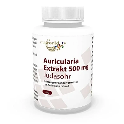 Image of Vita World Auricularia Extract 500mg 25,6% Polysaccharides 100 Vegetarian Capsules Mushrooms with Analysis Certificate Made in Germany