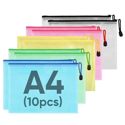 Image of Plastic Wallets, 10Pcs A4 Folders Document Wallets Grid Zip School Bags for School, Office, Home