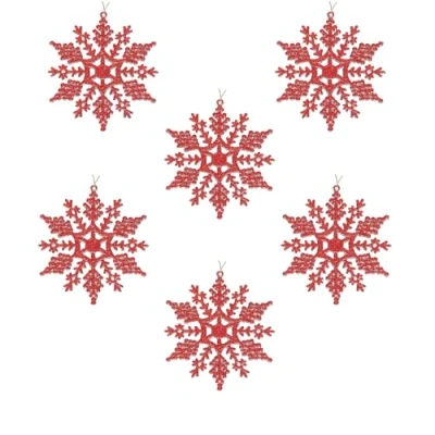 Image of Glitter Snowflake Christmas Decorations Pack of 6 10cm Hanging (Red 5801)